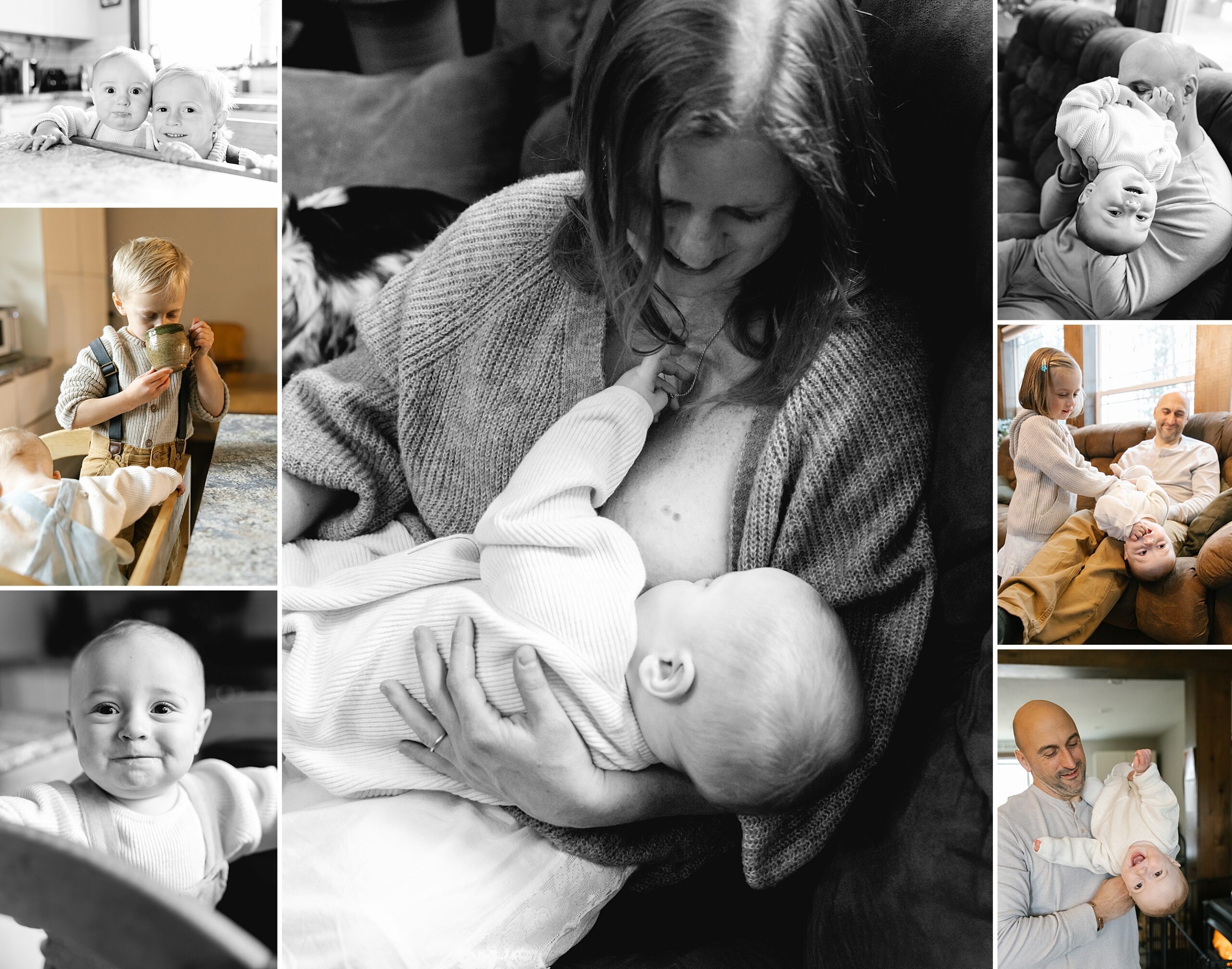 collage of indoor photos with mom feeding baby
