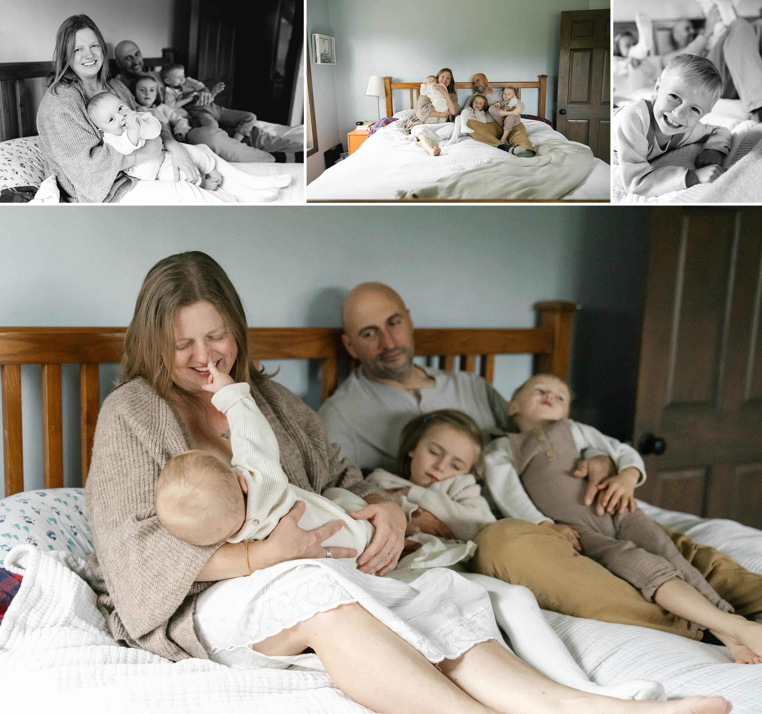 collage of photos with family snuggled together in bed