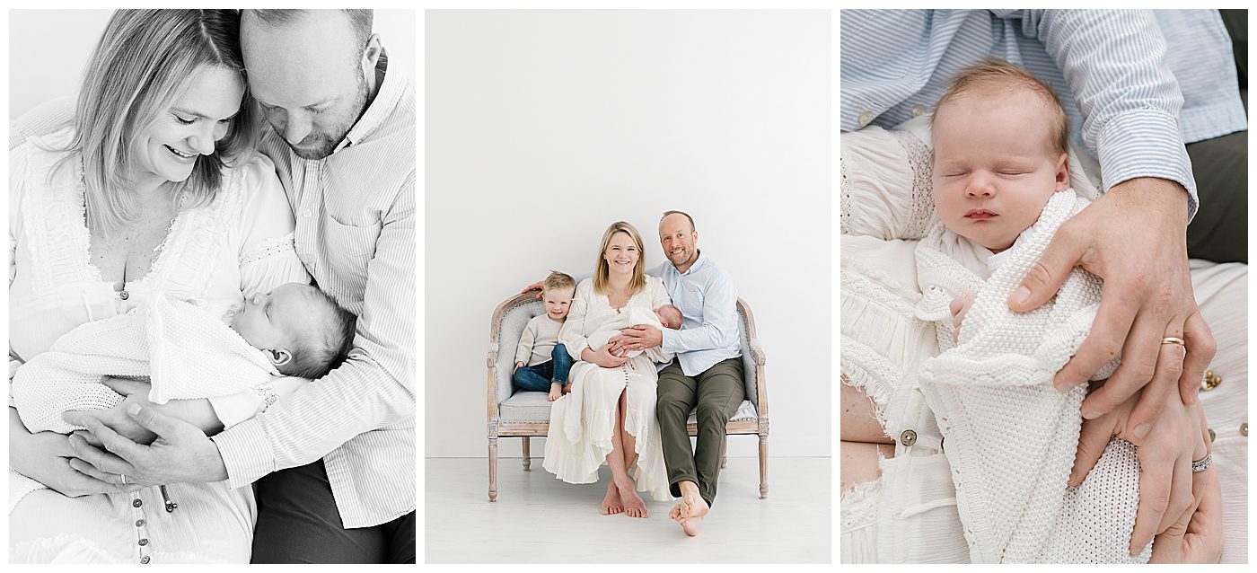 new Family of four sitting on grey sette for newborn photos in Edina