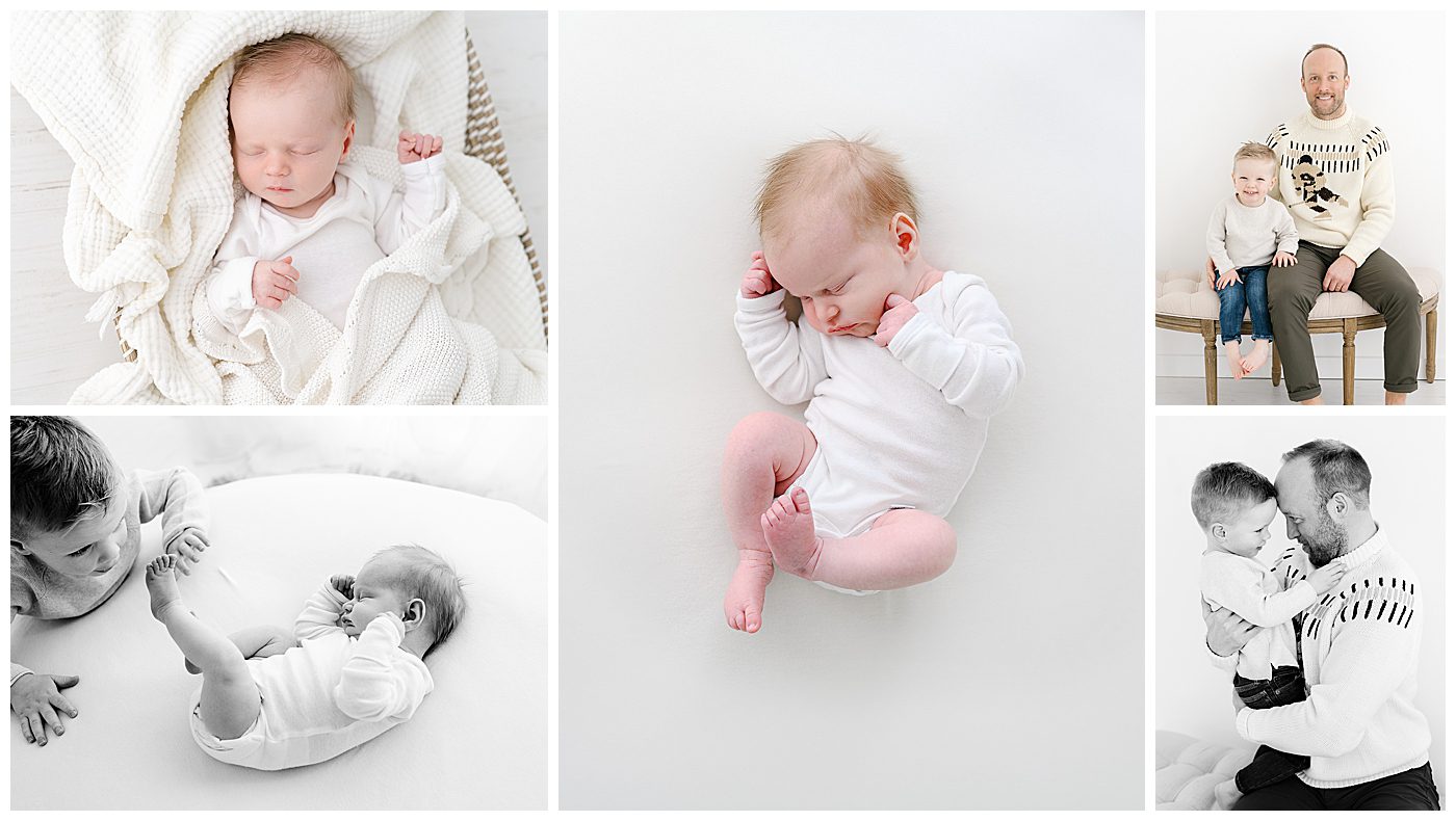 newborn photos of baby in white onesie on white blanket with her dad and toddler brother