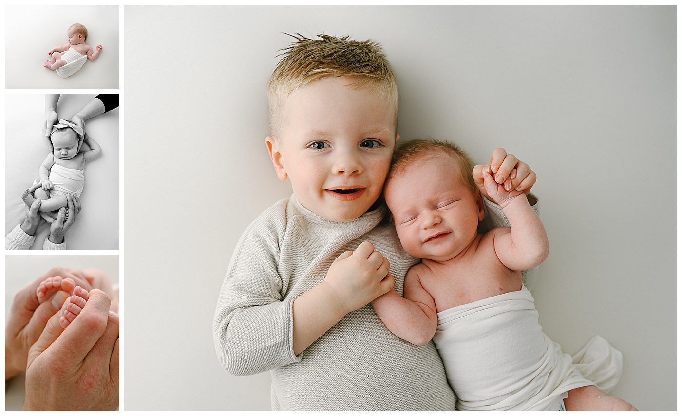 collage of newborn baby girl photos on white backdrop, some with her toddler brother