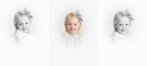 collage of three heirloom portraits of toddler girl with white shirt and blue bow in her hair