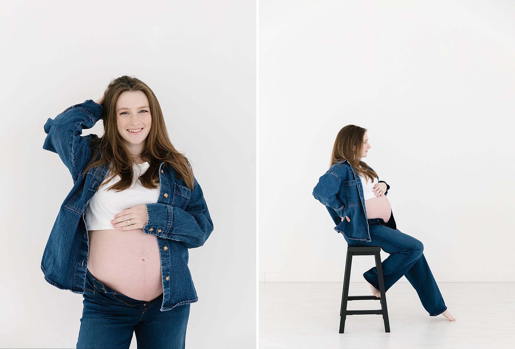 pregnant mom in blue denim outfit with white crop top