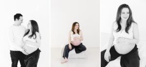 pregnant mom with dark pants and white crop top sitting on white ottoman