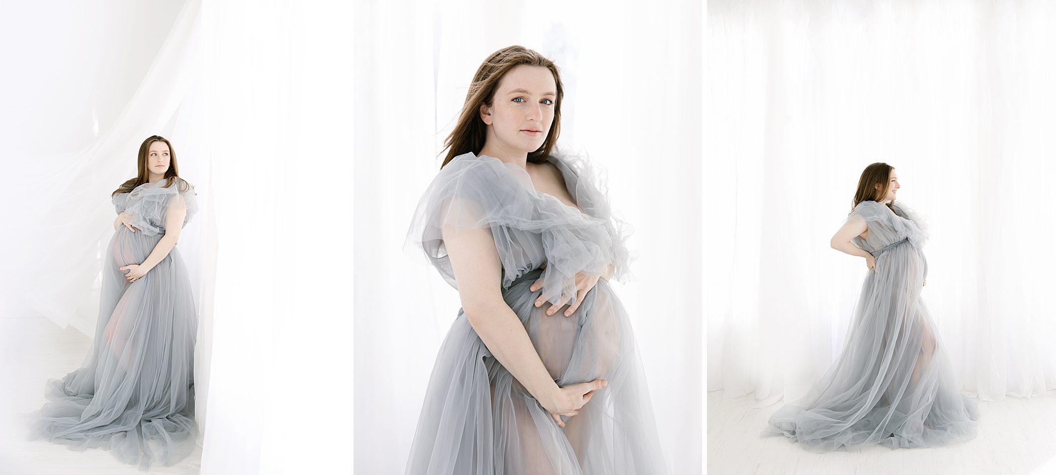 Pregnant mom in long blow tulle gown backlit by window and white sheers
