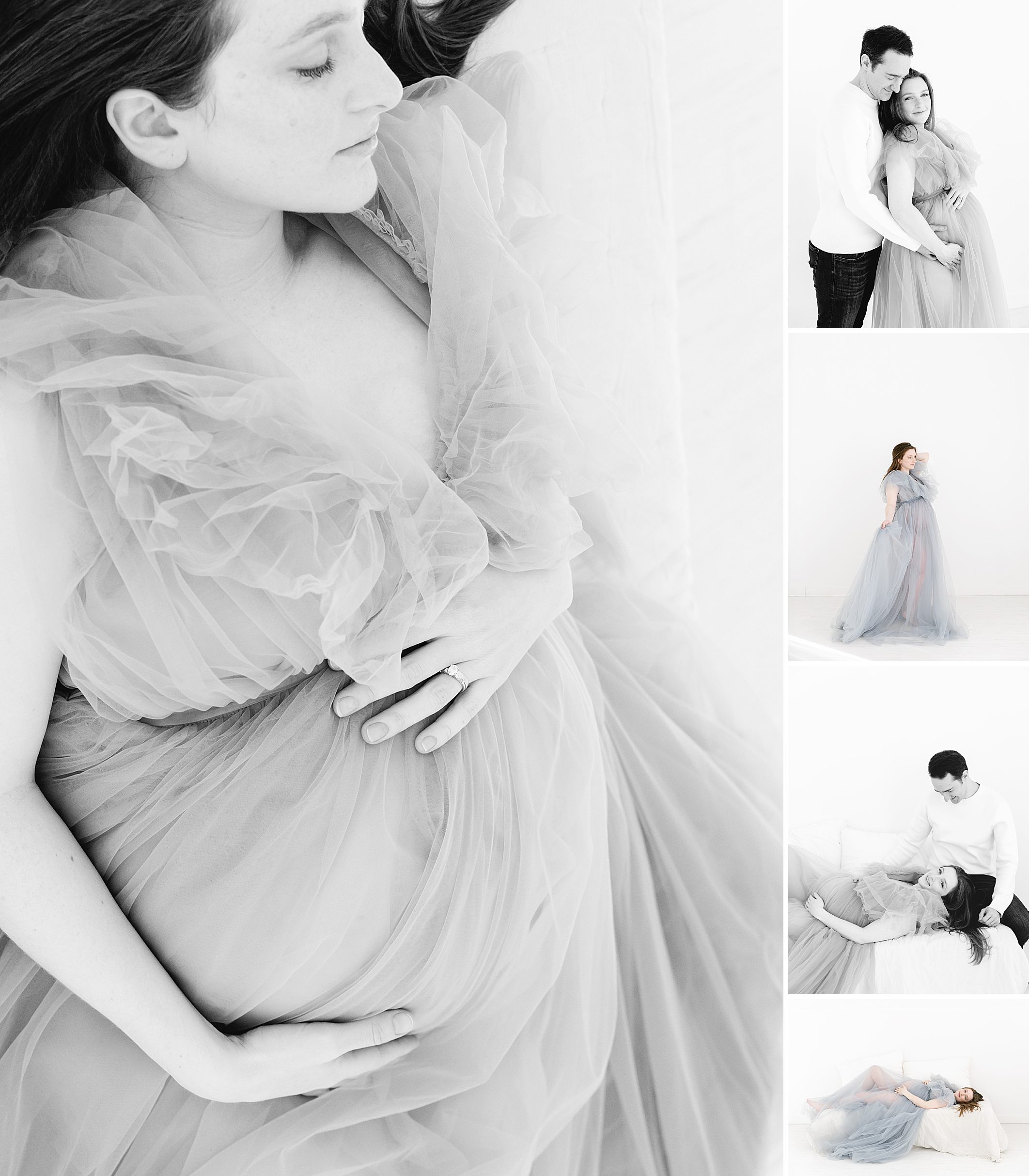 minimalist pregnancy photos of mom in blue tulle gown against white wall
