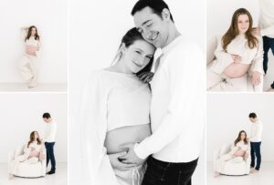 pregnant woman in white linen outfit in a white natural light studio for a collage of photos with husband dressed in white shirt and dark pants