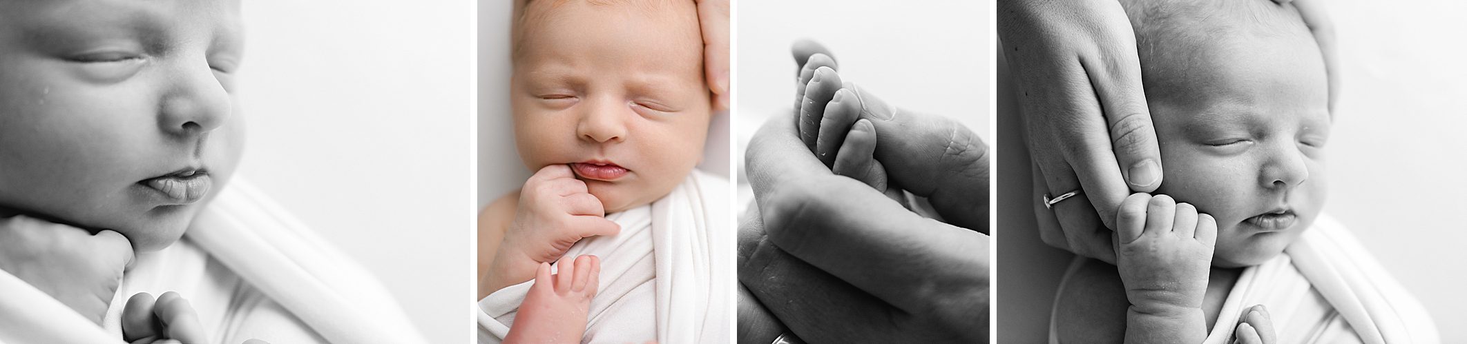 newborn macro photos of baby lips, hands and toes in both color and black and white
