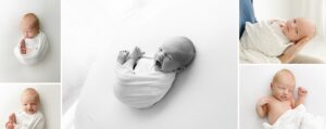 collage of newborn photos with baby laying on white blanket