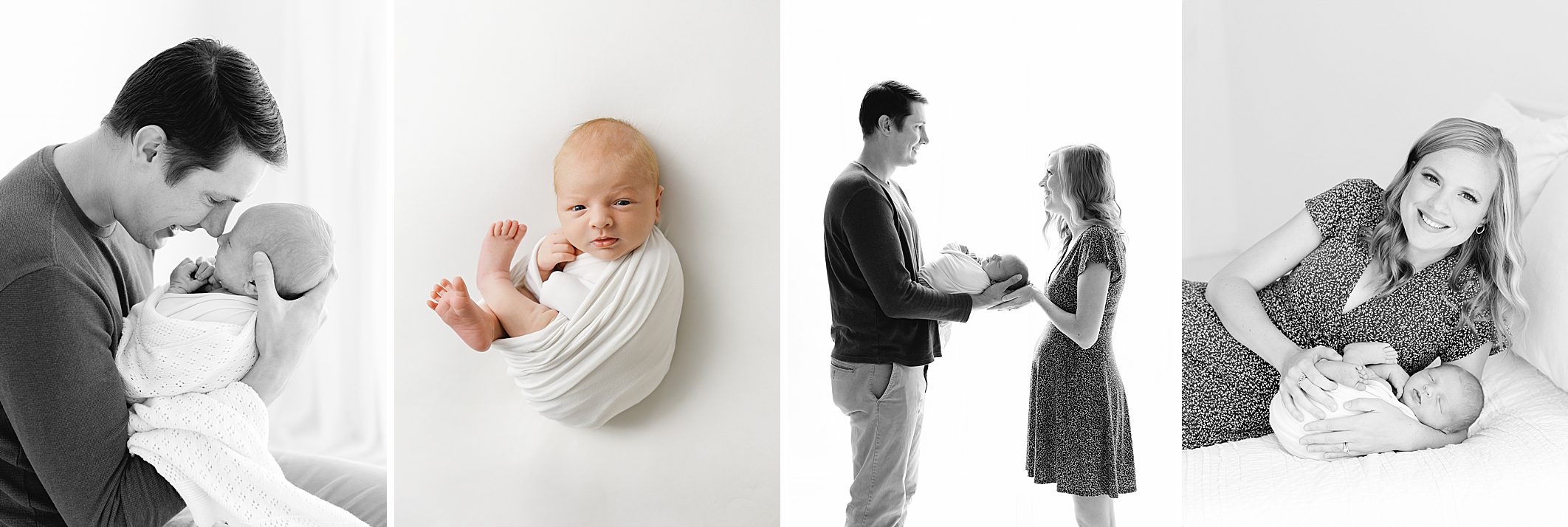Collage of mostly black and white newborn photos with mom and dad holding baby
