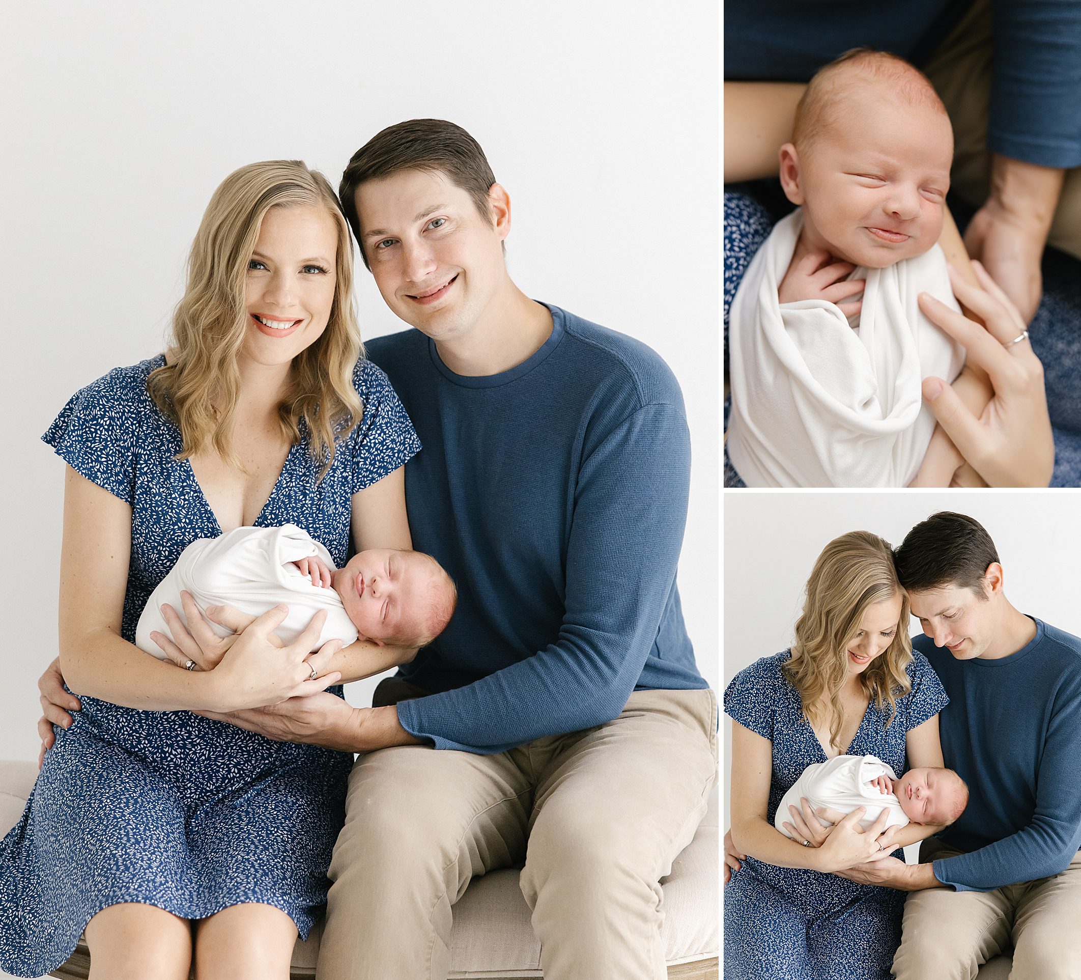 photos of mom and dad sitting together on bench holding their newborn baby