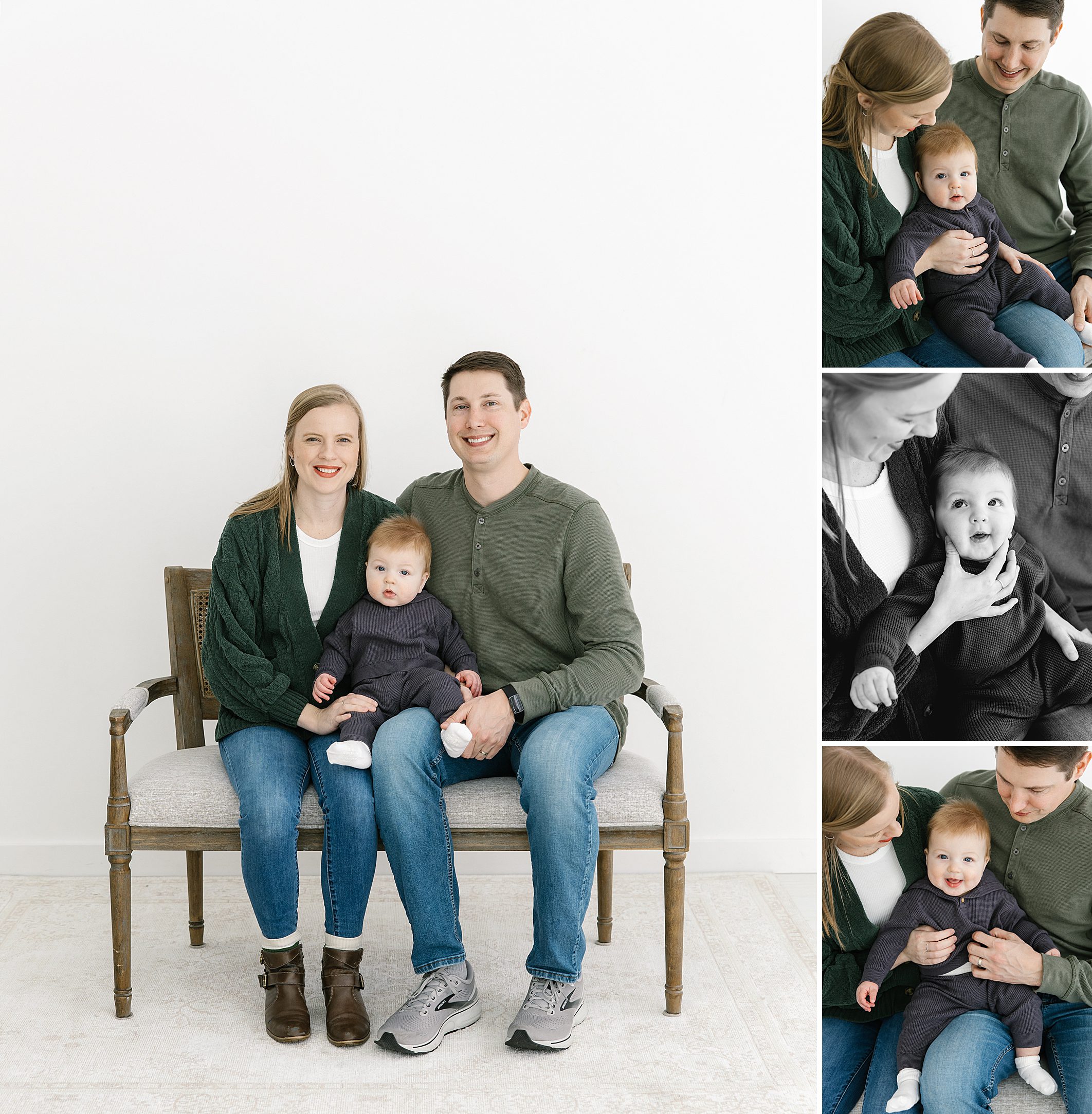 collage of photos with mom and dad sitting on a bench in studio holding their 7 month old baby