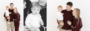 Mom and dad standing and holding on year old baby boy