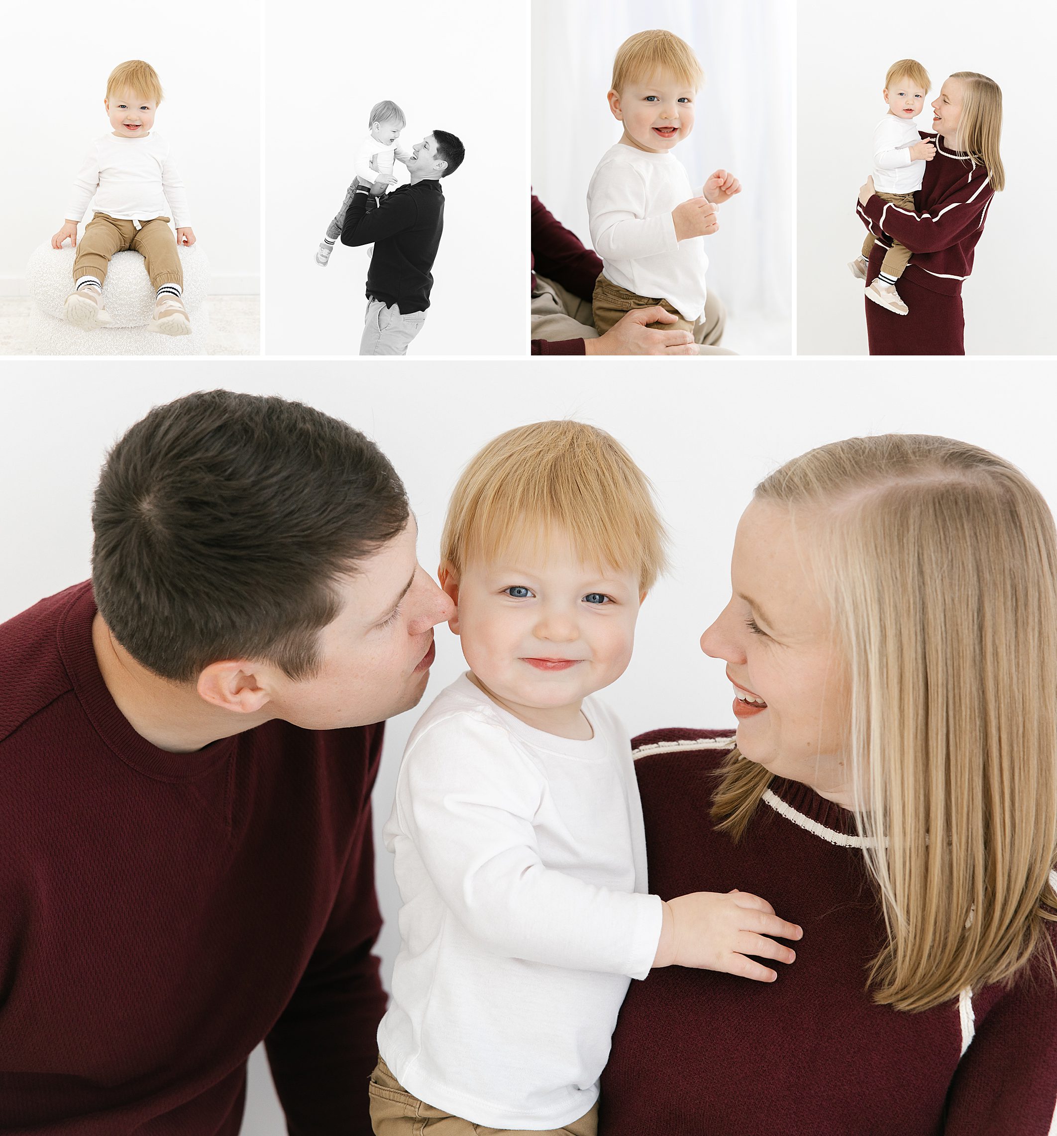 Collage of photos with one year old baby boy and his parents holding him