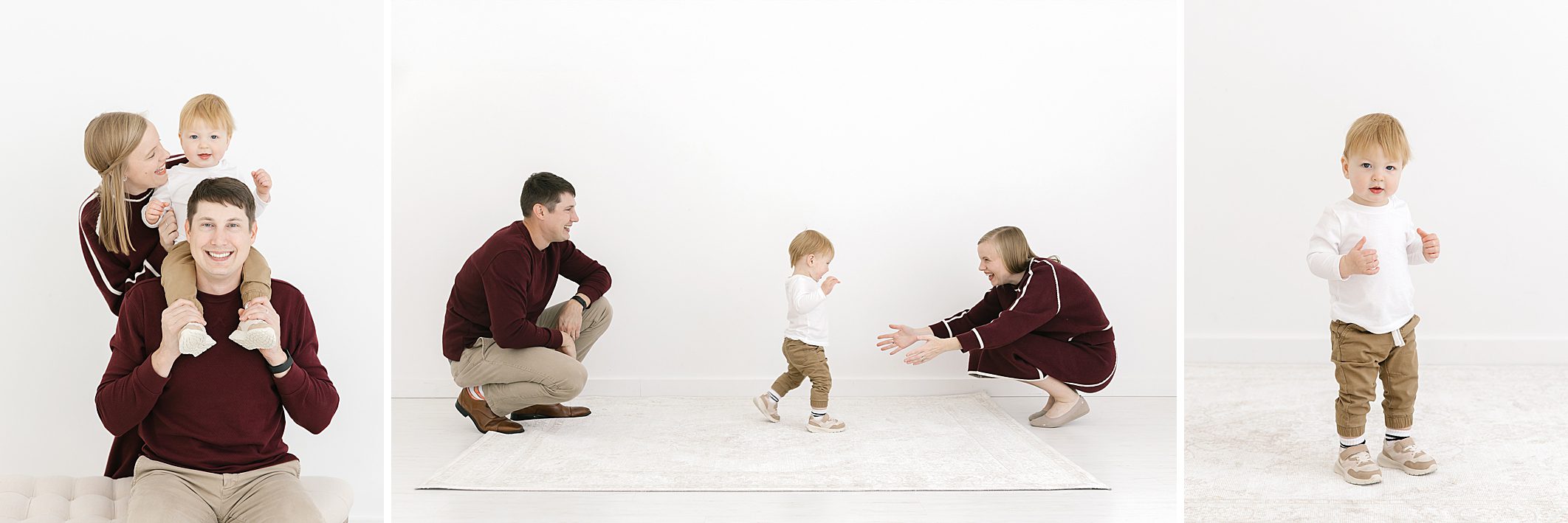Collage of phots with one year old baby boy learning to walk and baby sitting on dad's shoulders