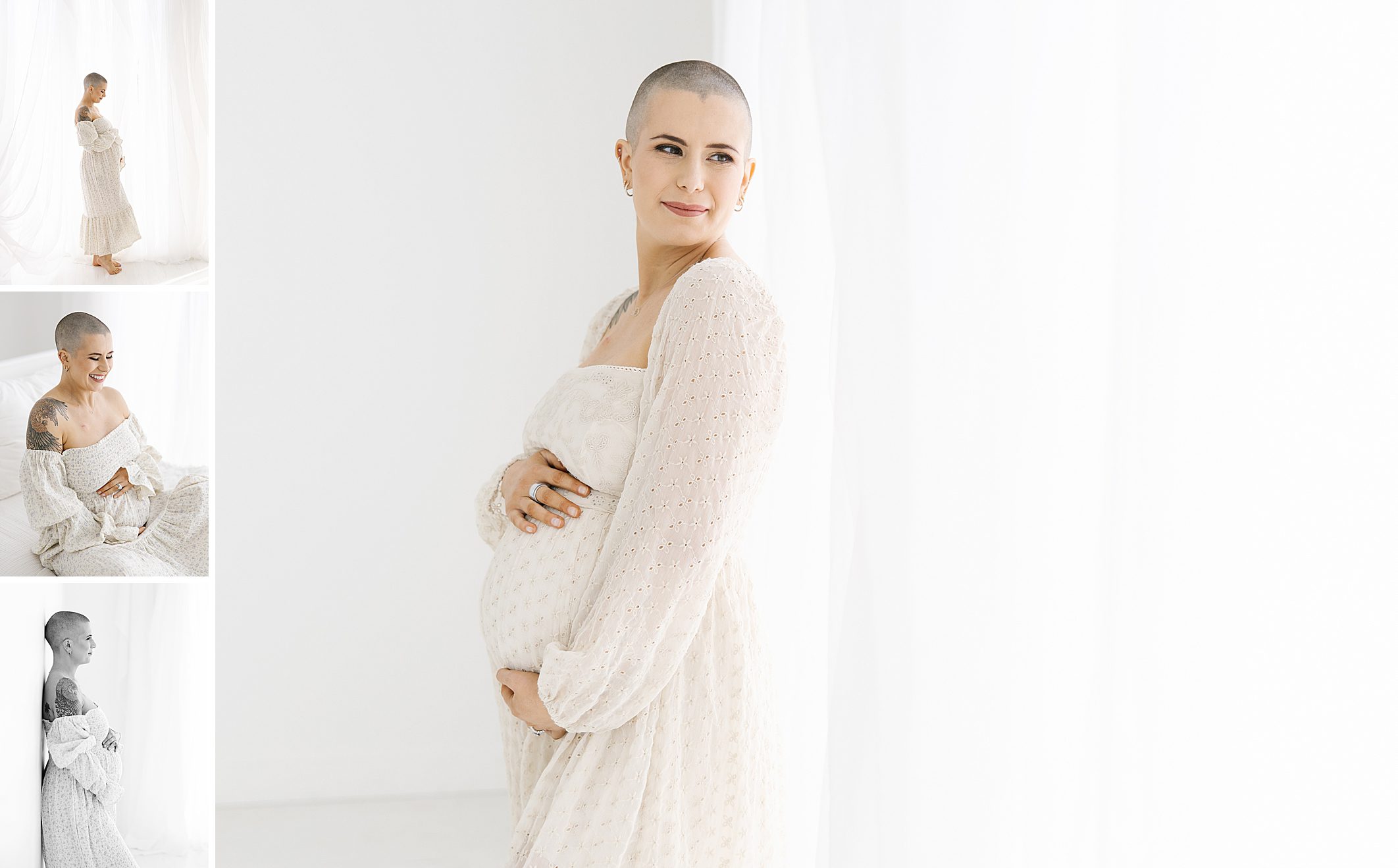 pregnant mom with cancer and shaved head wearing Free People dress and holding belly while looking out the window
