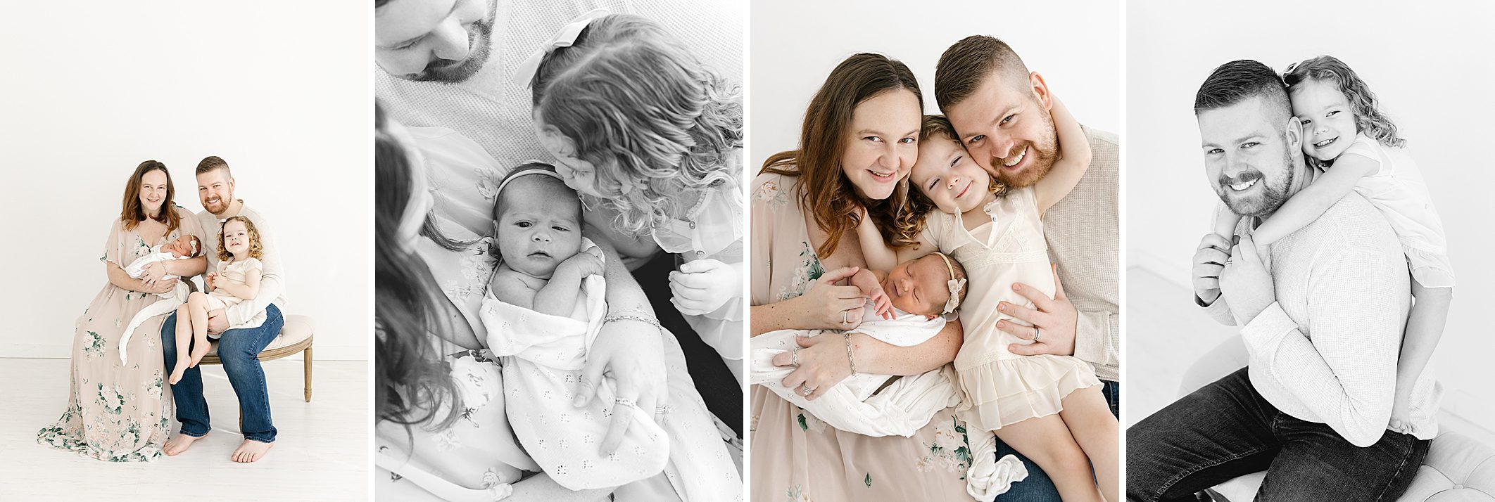 collage of four photos with family of four with newborn baby and toddler daughter sitting on bench snuggled together