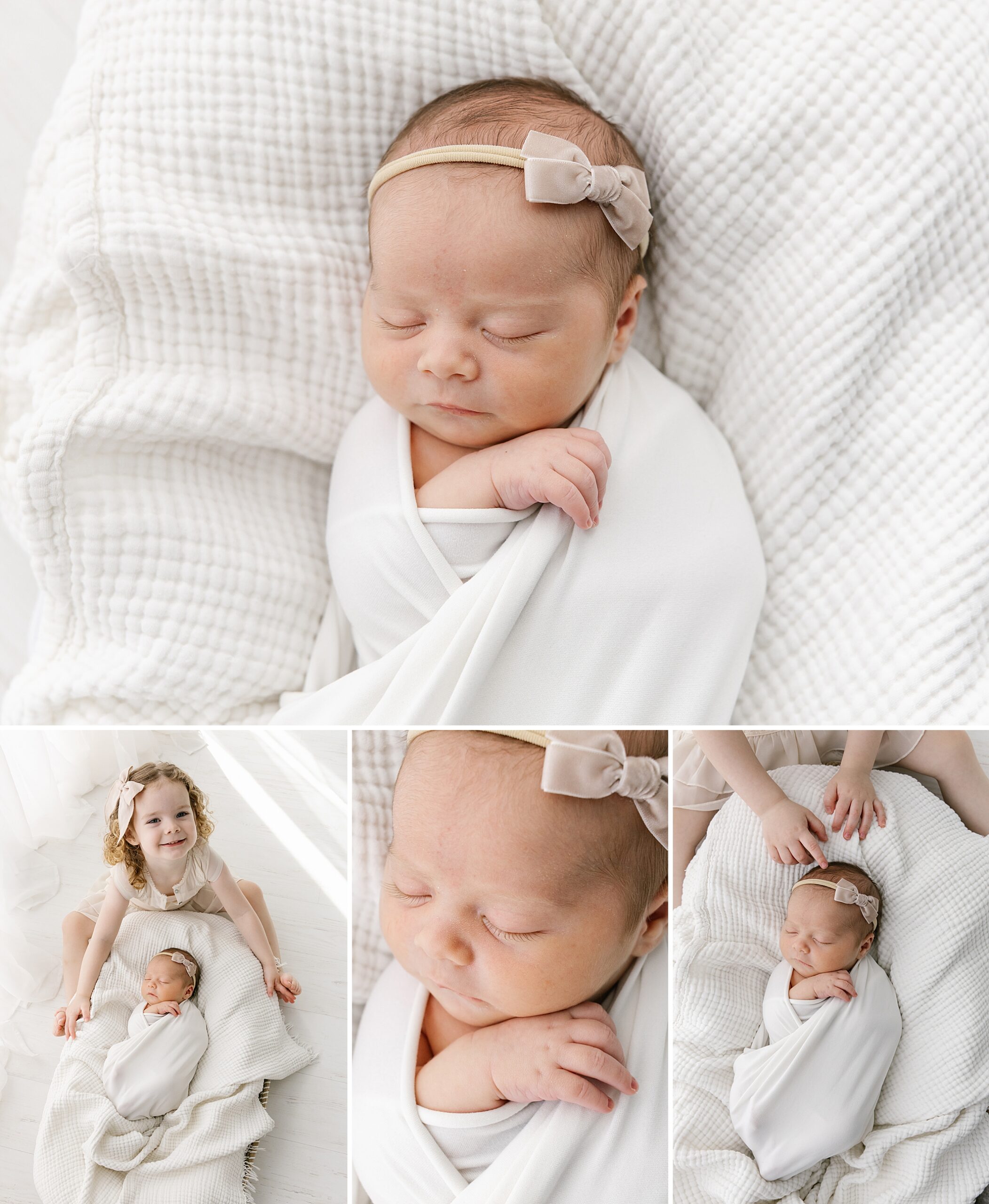 collage of newborn baby girl on white blanket with pink bow in hair.