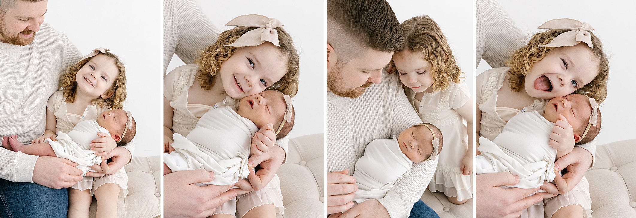 collage of four photos with curly haired toddler sister holding a newborn baby girl swaddled in white blanket