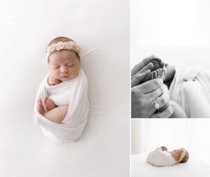 natural light newborn photos of baby girl on white blanket at Blaine photography studio