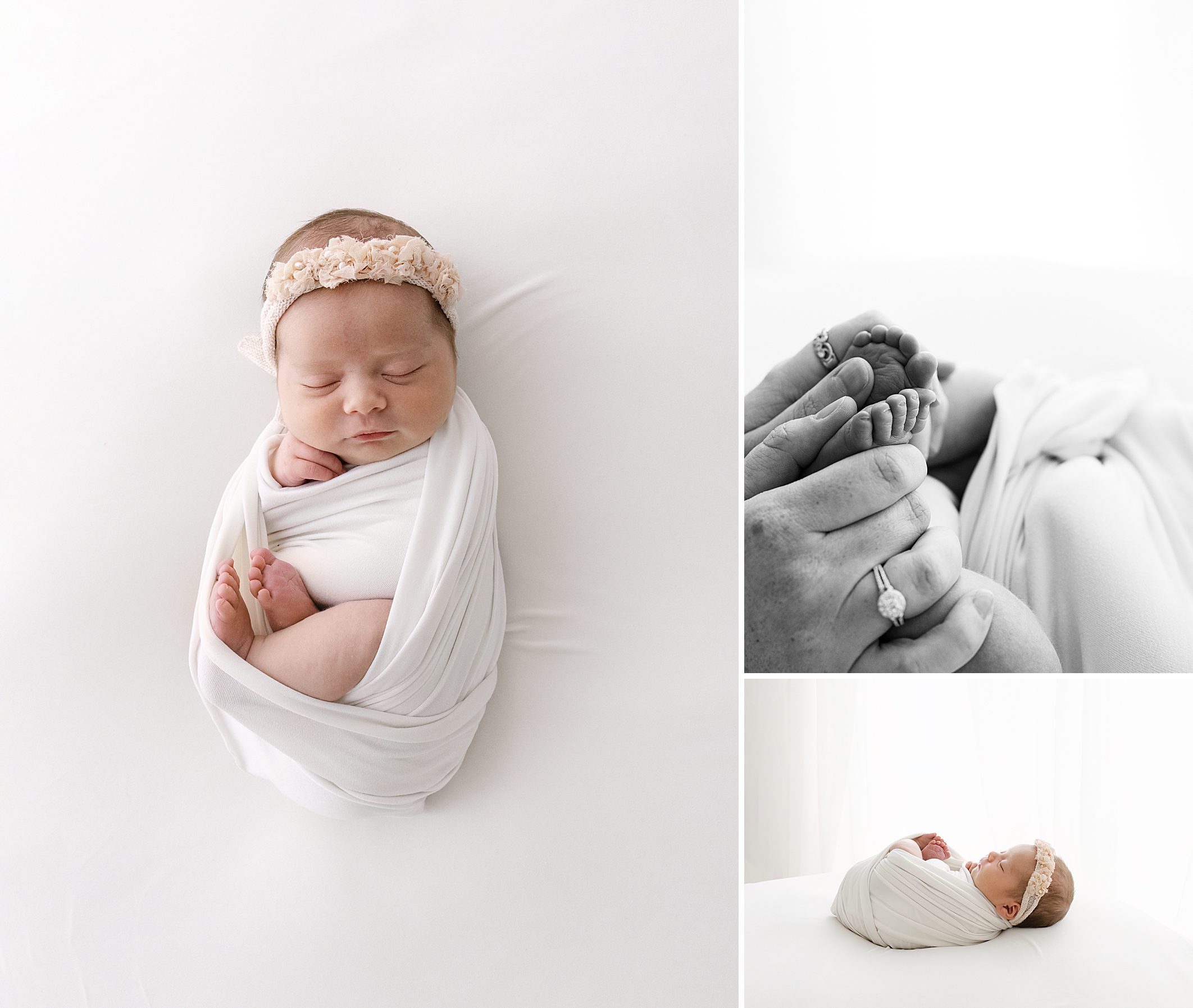 natural light newborn photos of baby girl on white blanket at Blaine photography studio