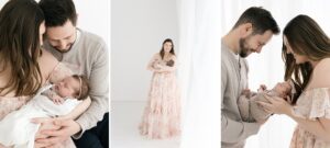 Newborn photos with mom wearing a long pink floral dress, holding baby.