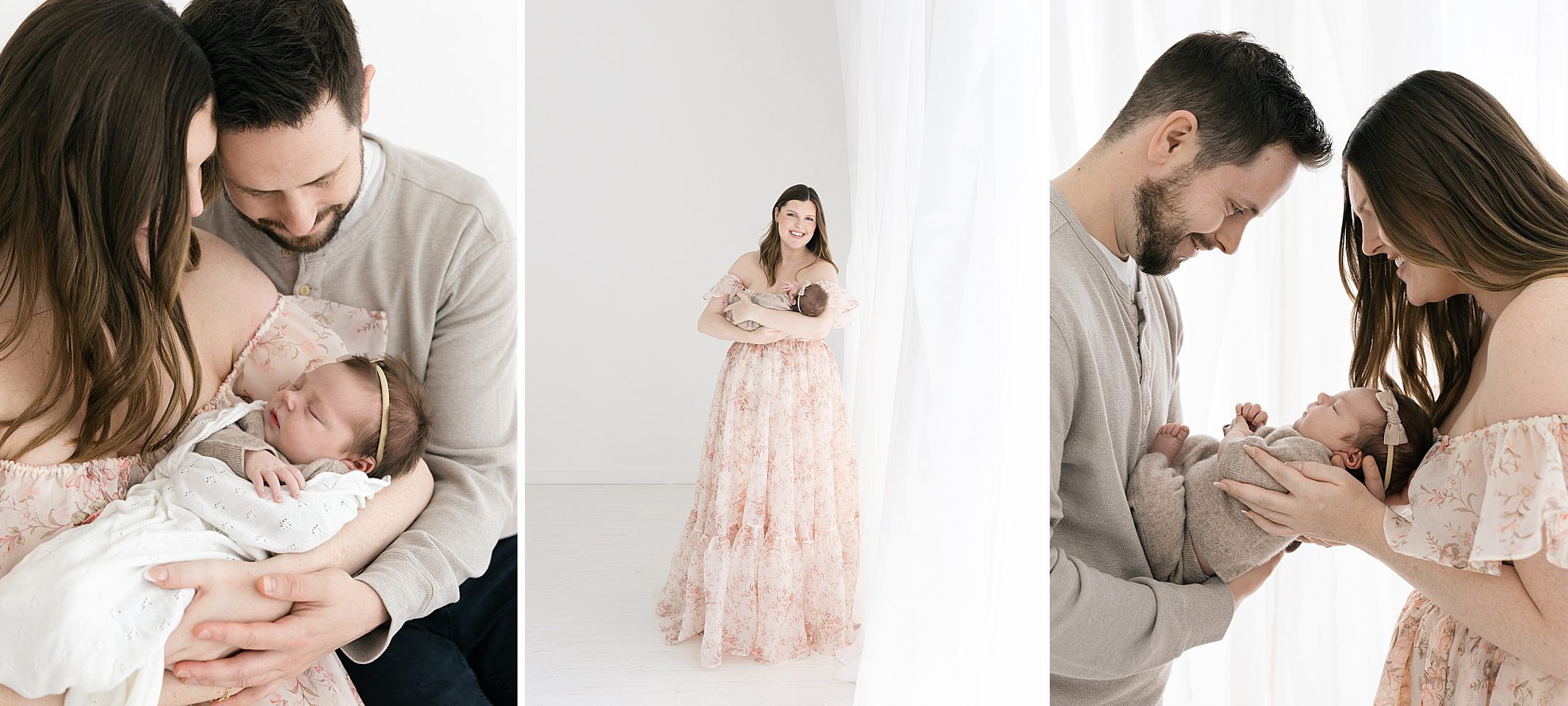 Newborn photos with mom wearing a long pink floral dress, holding baby.