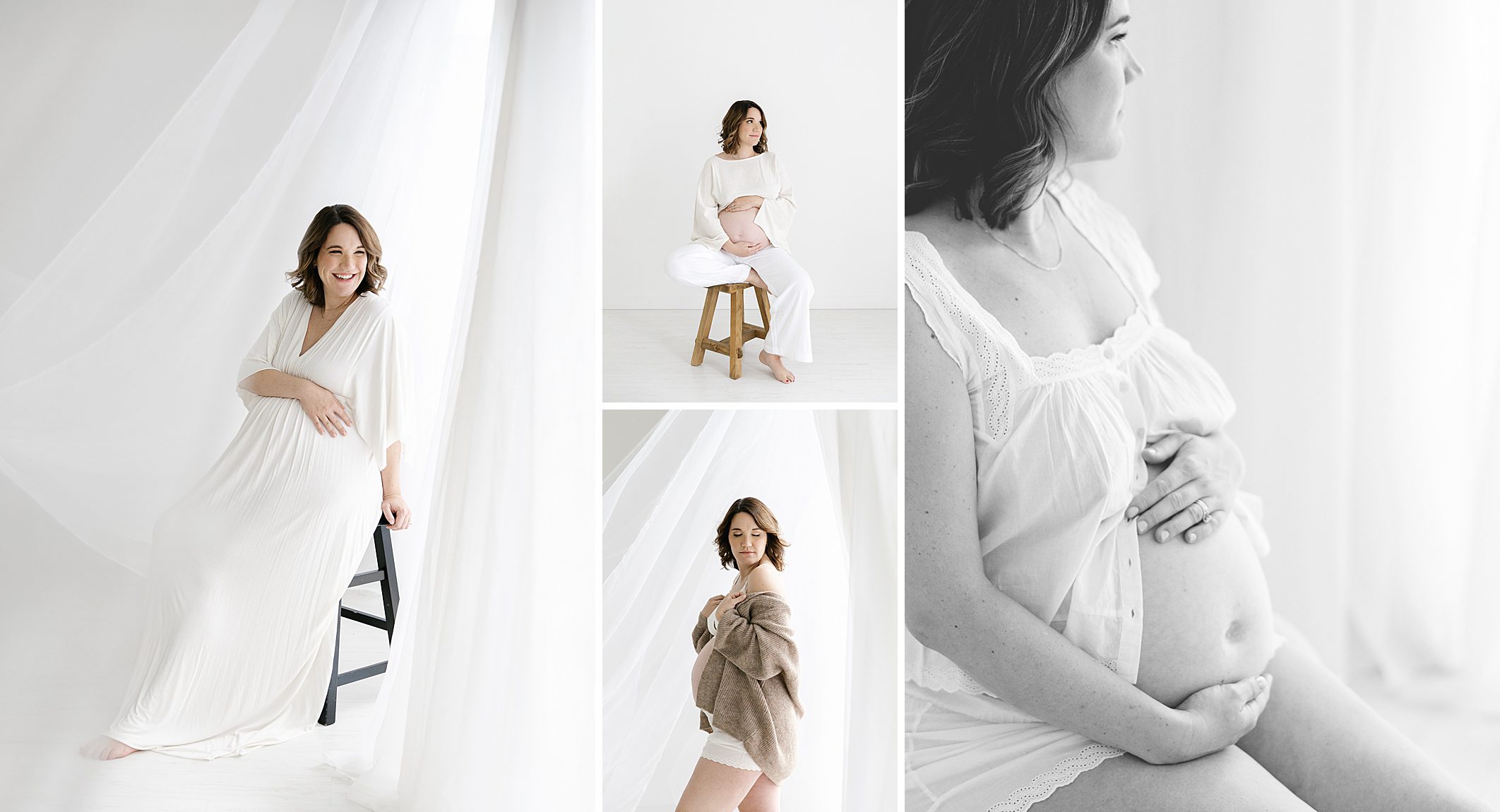 Maternity session in studio with mom wearing several different studio wardrobe options, including a long white flowing dress, a linen crop top and pants, and a sleep set.