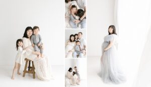 Maternity and family session photographed in a light and airy natural light studio in Minneapolis. Mom is wearing a lace dress from the studio wardrobe.