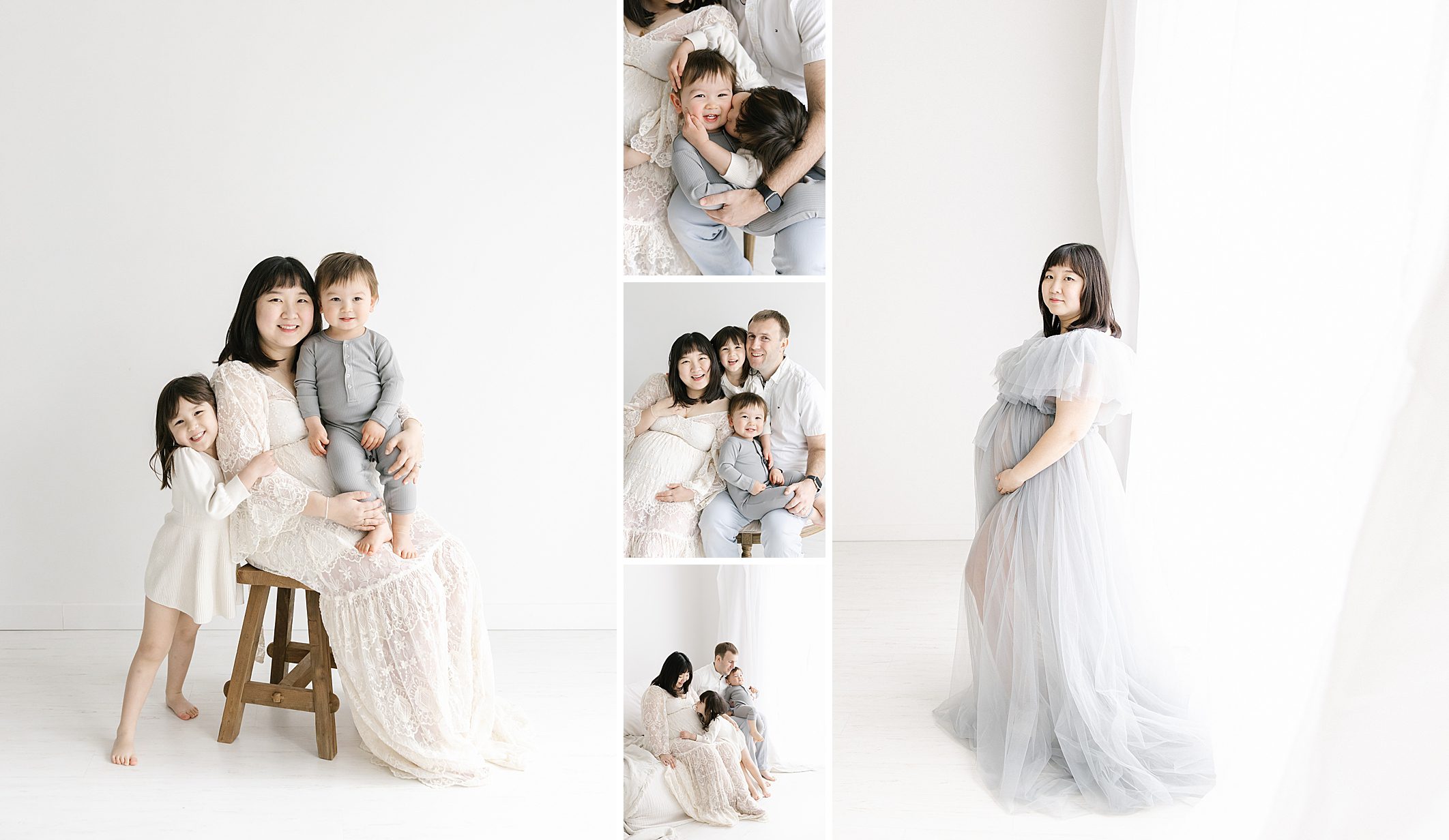 Maternity and family session photographed in a light and airy natural light studio in Minneapolis. Mom is wearing a lace dress from the studio wardrobe.