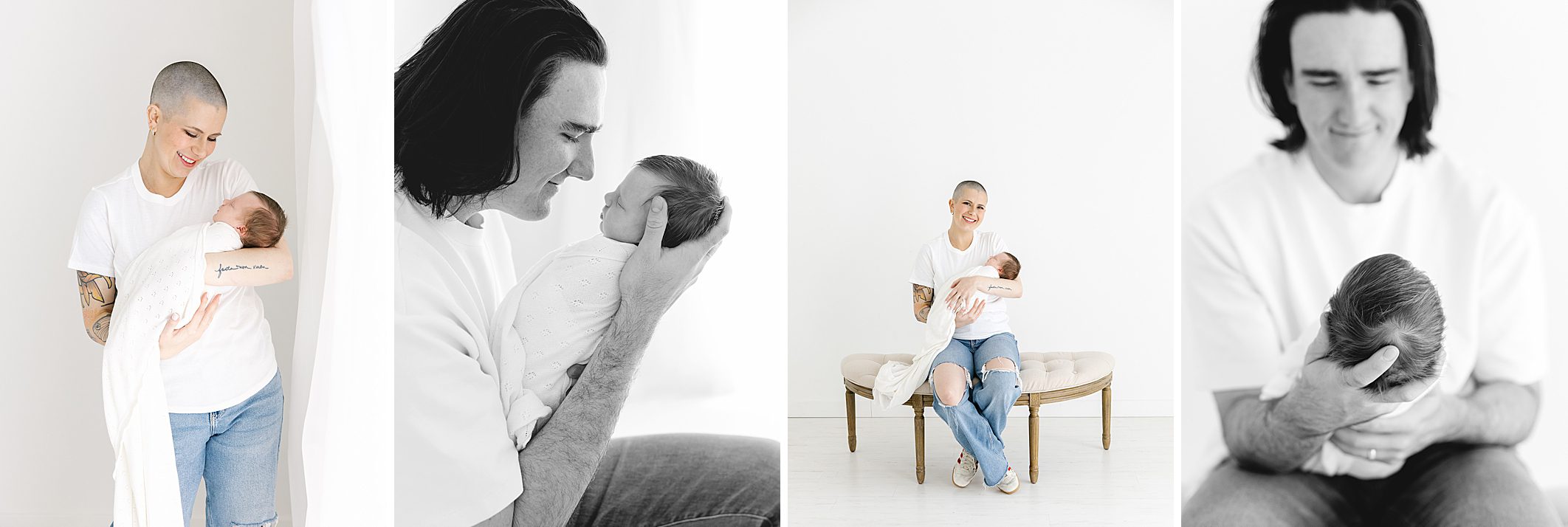 Kody Funderburk newborn baby photos with mom and dad holding baby girl in all white studio