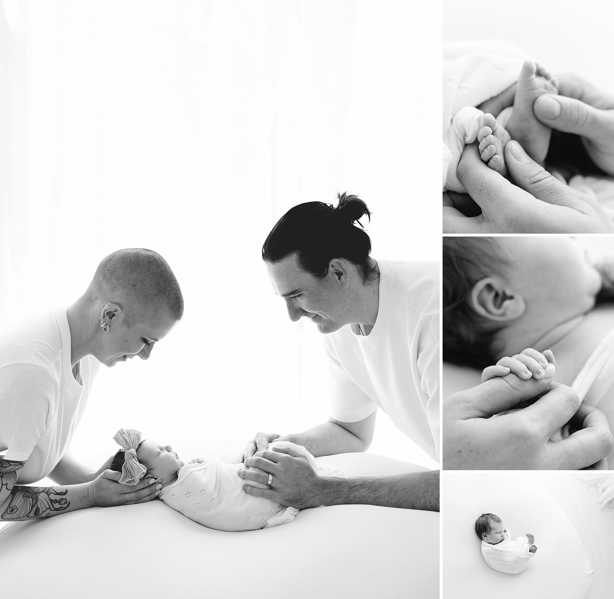 black and white photos of mom and dad with newborn baby girl along with some detail photos of her hands and toes