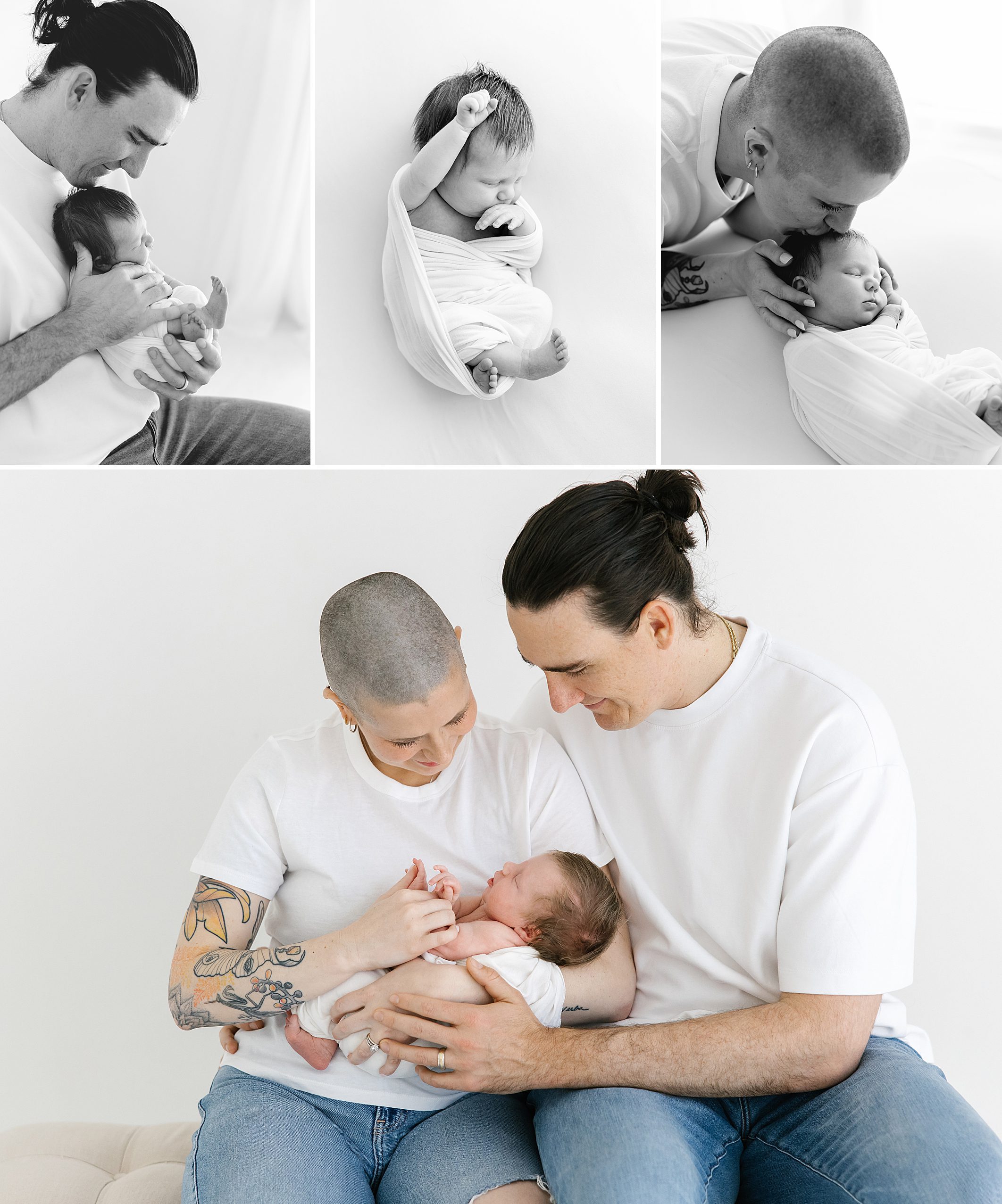 mom recovering from cancer, along with dad holding newborn baby girl in studio with white backdrop